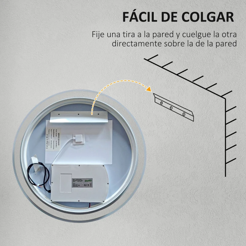 kleankin Espejo para Baño Redondo Ø60 cm con Luces LED Ajustable Antivaho Función de Memoria e Interruptor Táctil Plata