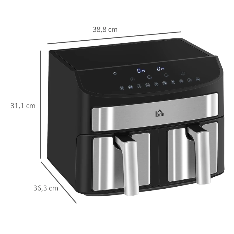 HOMCOM Friteuse à air sans huile, Air Fryer, double compartiment 8 L, 2400 W - 10 programmes, température réglable, minuterie