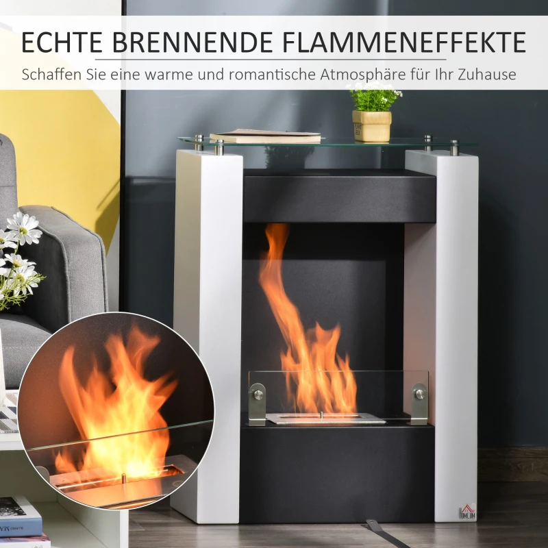 HOMCOM Ethanol-Kamin Bio-Ethanol-Brenner 1993W 1,5L 3 Std. Brenndauer kein Rauch frei stehend Stahl Edelstahl gehärtetes Glas Weiß+Schwarz 60 x 20 x 79 cm