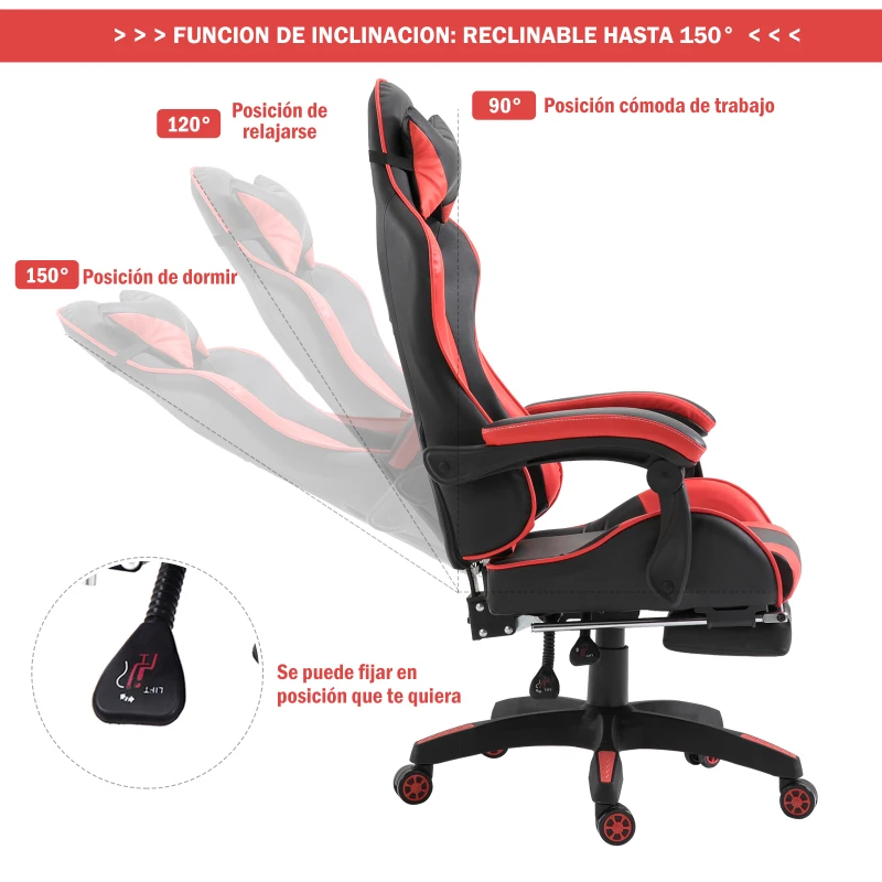 Vinsetto Racing Silla de Escritorio Sillón Gamer Juvenil Giratorio Reclinable Altura Ajustable Reposapiés Plegable de Cuero Sintético PU