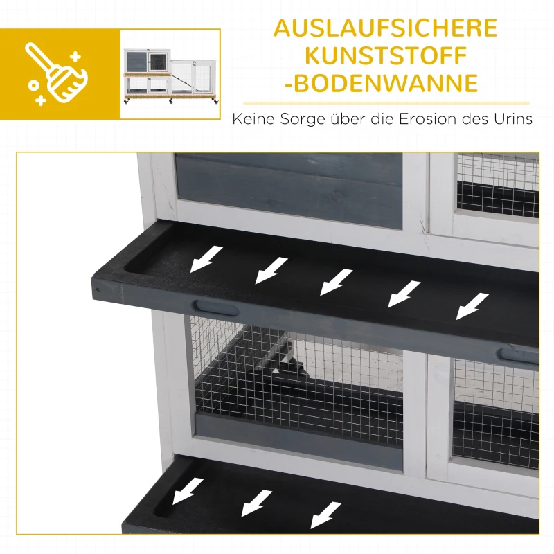 PawHut Kleintierstall Kleintierkäfig Zwergkaninchenstall mit 6 Rädern aufklappbarem Dach abschließbarer Tür Tannenholz Grau+Weiß 147 x 45,5 x 88,5 cm