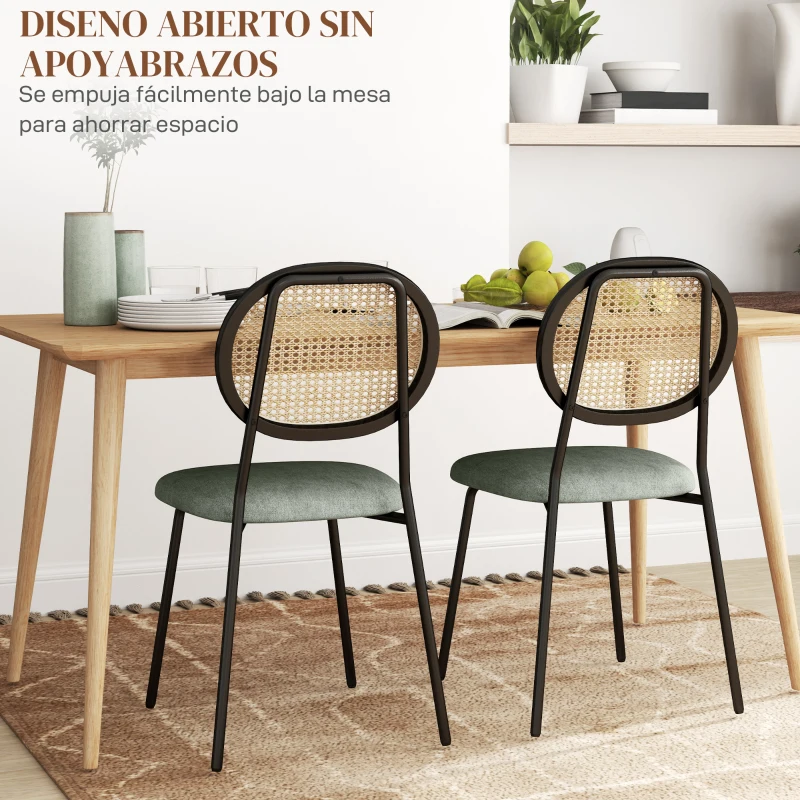 HOMCOM Pack de 2 Sillas de Comedor con Respaldo de Ratán Sintético y Marco de Acero para Salón 44x54x87 cm Verde Oscuro y Negro