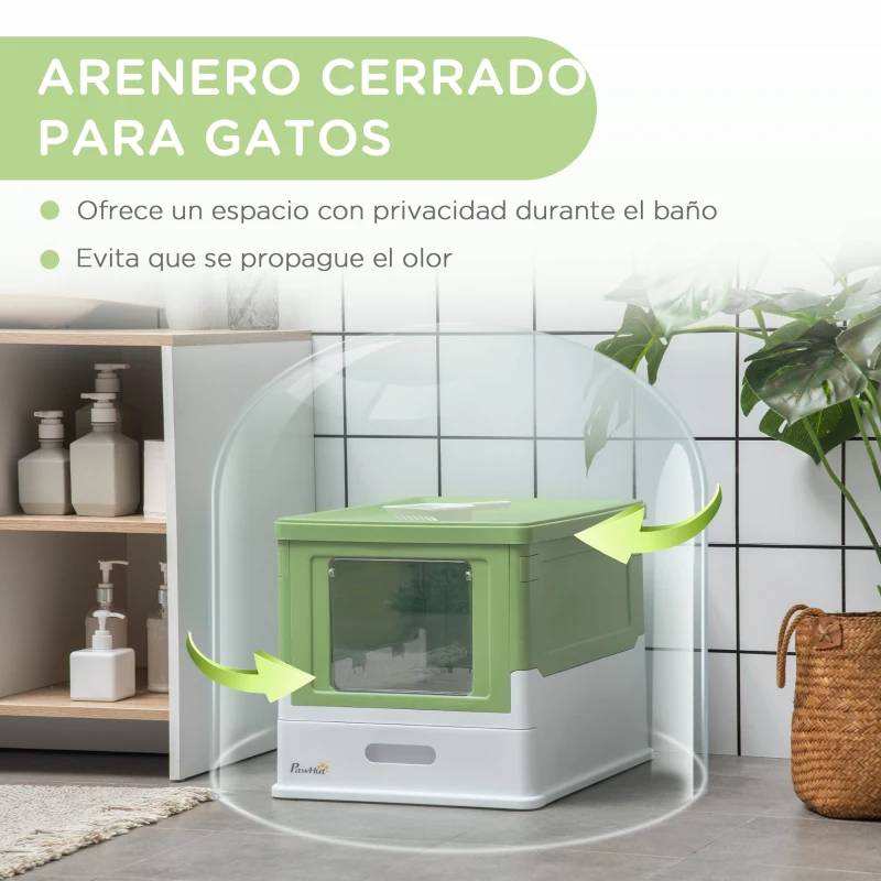 PawHut Arenero Cubierto para Gatos Desmontable con Entrada Frontal y Salida Superior 47,5x35,5x36,7 cm Verde Aguacate y Blanco