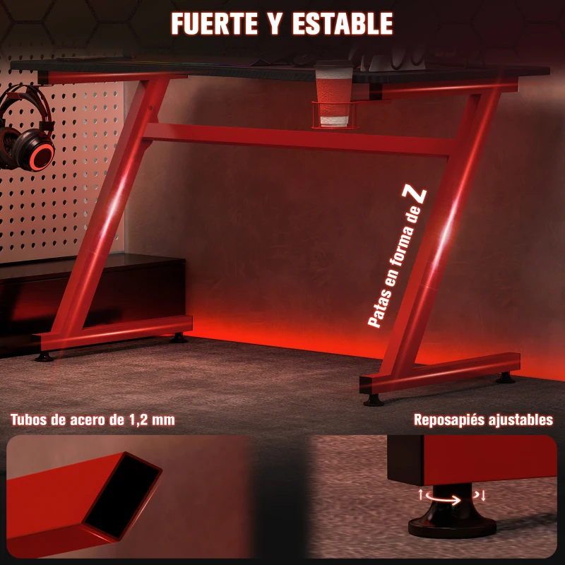 HOMCOM Mesa Gaming 120x65x74,5 cm Escritorio Ergonómico Gaming desk para Computadora PC con Portavasos Gancho para Auriculares y Pies Ajustables Efecto de Fibra de Carbono Rojo