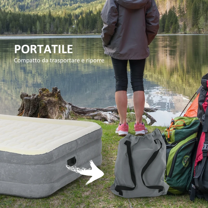 Outsunny Letto Gonfiabile Singolo con Pompa di Gonfiaggio Inclusa e Borsa, 203x152x46cm, Beige