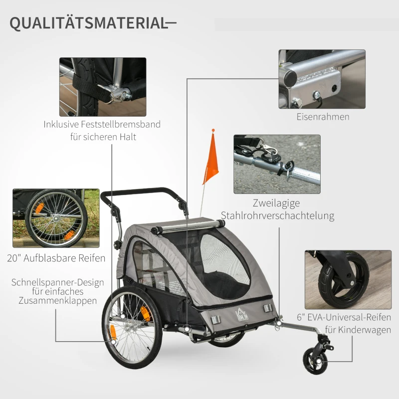 HOMCOM 2-in-1 Kinderanhänger, inkl Fahne und Reflektoren, für 2 Kinder, grau+schwarz