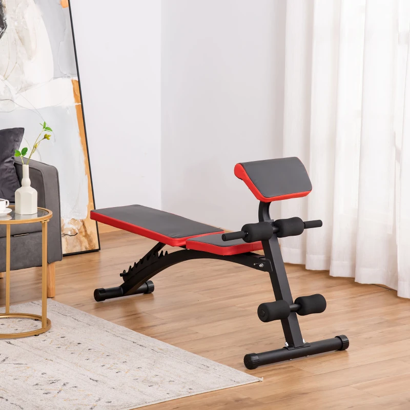 HOMCOM Multifunktion Hantelbank Höhenverstellbar Kraftstation Gewicht bis 120 kg mit 6-stufigem Rückenlängenwinkel Trainingsbank Metall Kunstleder Schwarz+Rot 145 x 52 x 79-105 cm