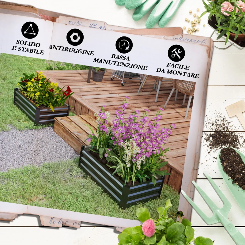 Outsunny Set di 2 Letti per Orto Rialzato con Fondo Aperto in Acciaio Galvanizzato, 100x60x30cm, Grigio