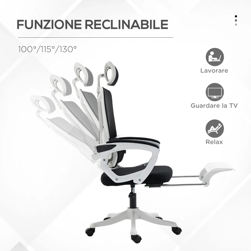 Vinsetto Sedia da Ufficio Ergonomica ad Altezza Regolabile con Poggiapiedi e Poggiatesta, 66x58x110-118 cm, Nero