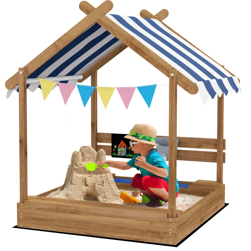 Outsunny Bac à sable bois forme de maison pour enfant avec auvent 2 bacs évier tableau 124 x 116 x 146 cm noir