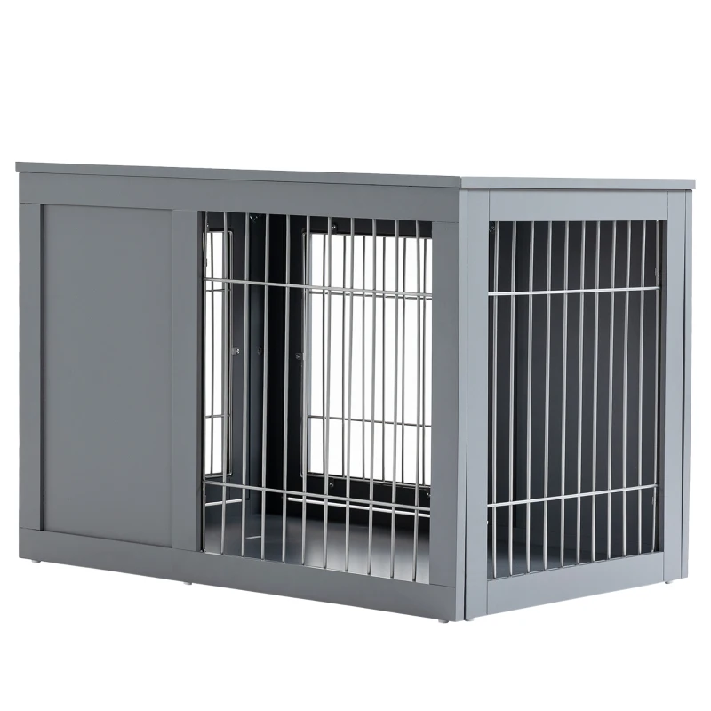 PawHut Furniture Style Dog Crate for Small and Medium Dogs, End Table Pet Cage with Two Lockable Doors - Grey