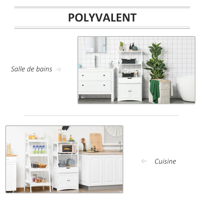 kleankin Meuble de Rangement Salle de Bain - 2 Portes, tiroir, 3 étagères - dim. 60L x 33l x 122H cm - MDF Blanc