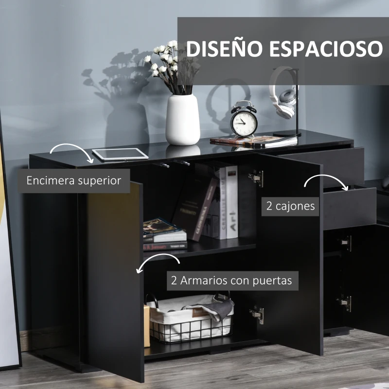 HOMCOM Aparador para Salón con 3 Puertas 2 Cajones y Estante Ajustable 117x36x74 cm Negro(m-4)