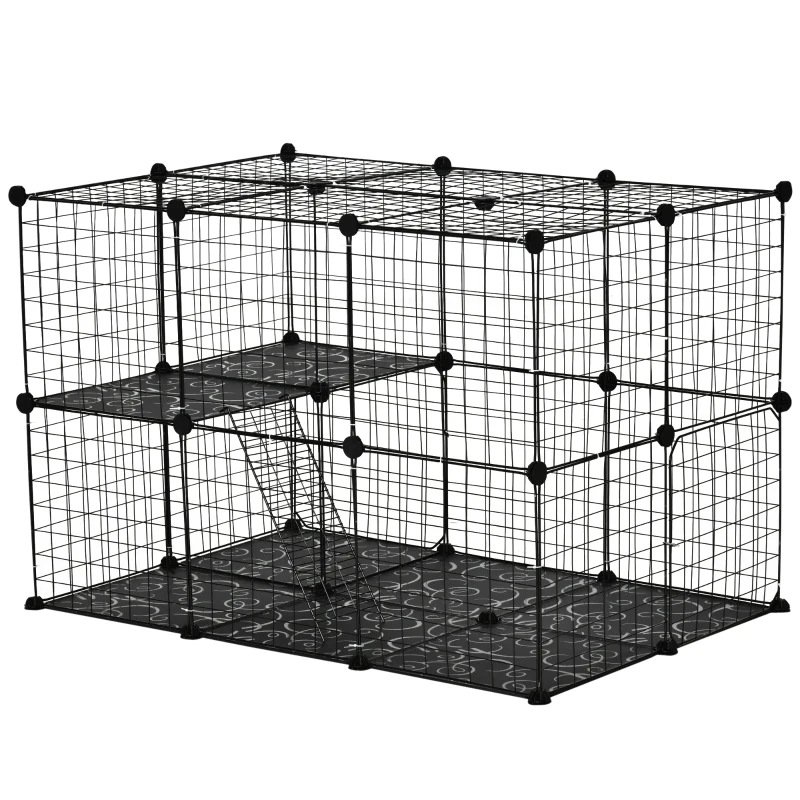 PawHut Pet Playpen DIY Small Animal Cage Enclosure Metal Wire Fence 39 Panels with 3 Doors 2 Ramps for Kitten Bunny Chinchilla Pet Mink Black