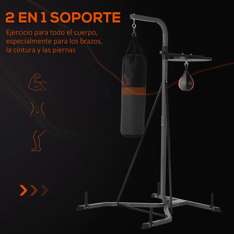 HOMCOM Saco de Boxeo Colgante con Bola de Velocidad Ajustable en Altura de 167-187 cm  e Inflador 115x157x221 cm Negro y Gris