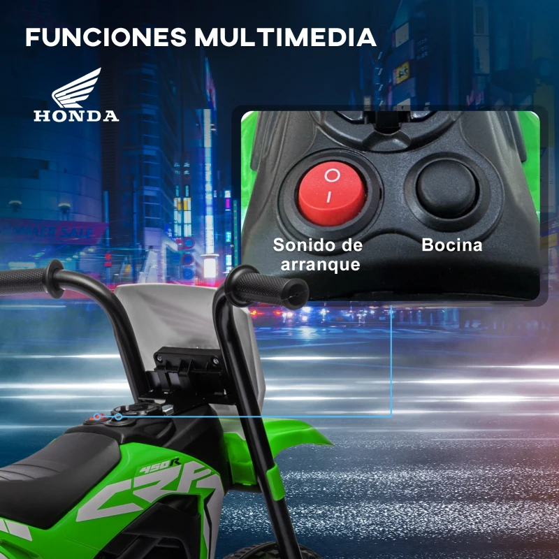 HOMCOM Moto Eléctrica Infantil con Licencia Honda CRF450RL con Velocidad 3 km/h Bocina Sonido de Arranque 71x40,5x43,5 cm Verde