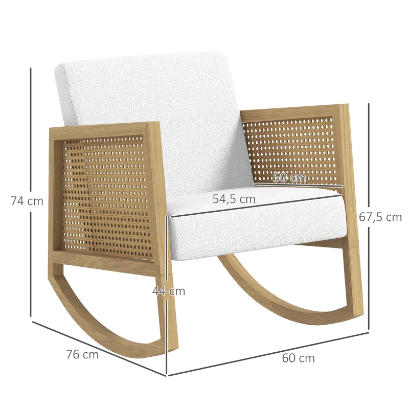 HOMCOM Schaukelstuhl im Boho-Design, Rattan-Dekor, weiche Polsterung, Stoffbezug, Naturholzrahmen, Creme