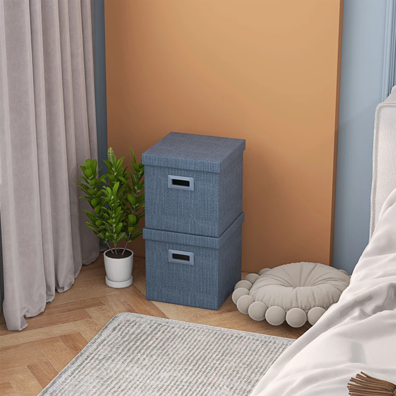 HOMCOM Aufbewahrungsbox Set, abnehmbarer Deckel, Griffe, faltbar, stapelbar, Leinenimitat, Blau