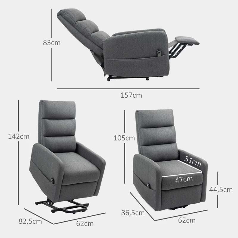 HOMCOM Elektrischer Relaxsessel mit Aufstehhilfe, Fernbedienung, weicher Schaumstoff, Seitentasche, Bezug in Leinenoptik, Grau(m-3)