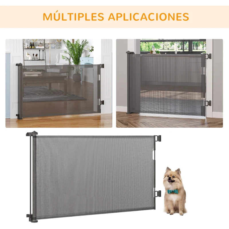 PawHut Puerta de Seguridad Extensible 0-150 cm Barrera Retráctil para Mascotas para Escaleras 165x10,7x85 cm Gris