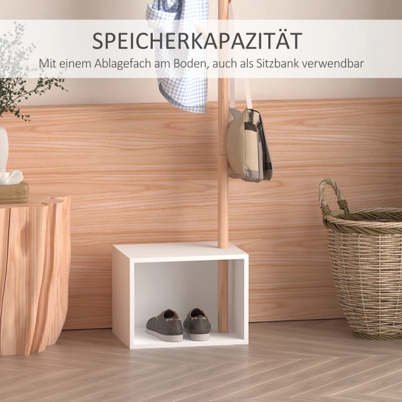 HOMCOM Garderobenständer Kleiderhaken Garderobe mit Sitzbank Stauraum Baum-Design Zweige 6 Haken Bambus Weiß Natur 40 x 30 x 180 cm