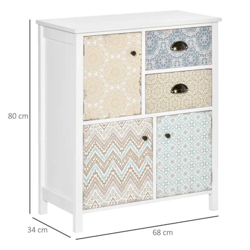 HOMCOM Cómoda para Dormitorio Bohemio con 2 Cajones 3 Compartimentos Diseño Anti-vuelco 68x34x80 cm Blanco