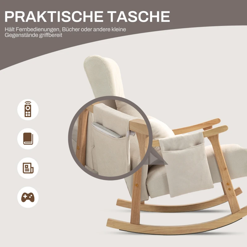 HOMCOM Schaukelstuhl mit Nierenkissen, breiter Sitz, Kautschukholzrahmen, bis 120 kg, Beige