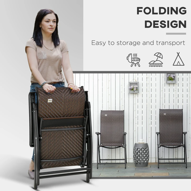 Outsunny Set of Two Folding Garden Chairs, with Seven-Position Adjustable Backs - Brown