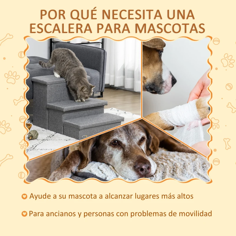 PawHut Escalera para Mascotas de 3 Peldaños Escalones para Perros Gatos con Espacio de Almacenamiento 63,5x42,5x40,5 cm Gris