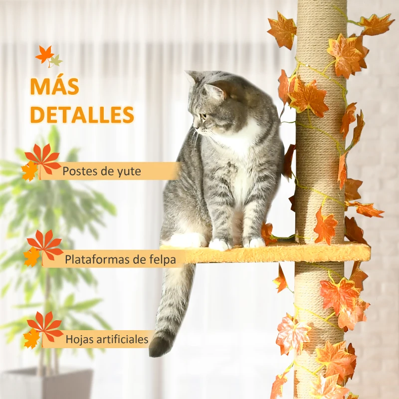 PawHut Árbol para Gatos de Suelo a Techo de 202-242 cm con 3 Plataformas Altura Ajustable y Decoración de Hoja de Arce Naranja