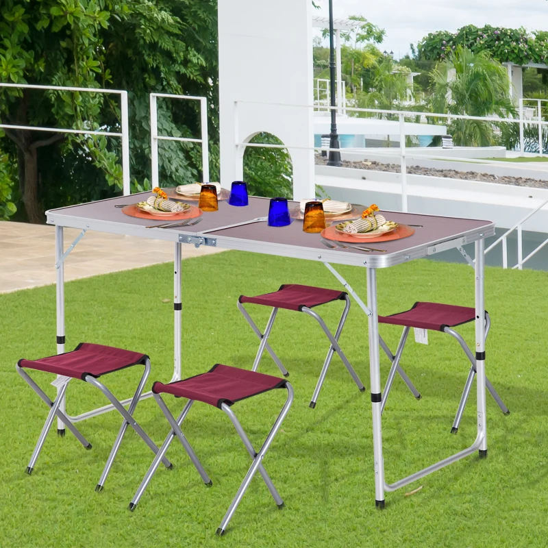 Outsunny Mesa Maleta de Aluminio 4 Taburete Plegable Portátil para Acampada Picnic Jardín Terraza Conjunto Muebles Exterior Altura Ajustable