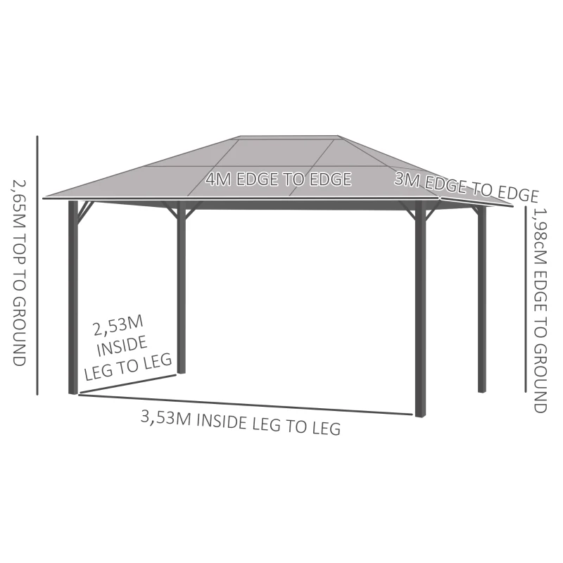 Outsunny Tonnelle pavillon de jardin avec toit rigide polycarbonate imperméable 4 parois latérales anti-UV moustiquaires 4 x 3 m gris foncé et noir