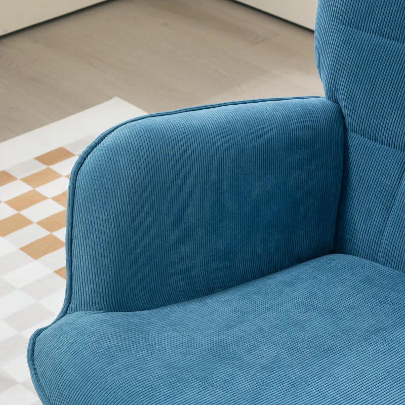 HOMCOM Akzentsessel mit Hocker, Relaxsessel in Cord-Optik, Armlehnstuhl mit Holzbeinen, für Wohnzimmer, Blau(m-9)