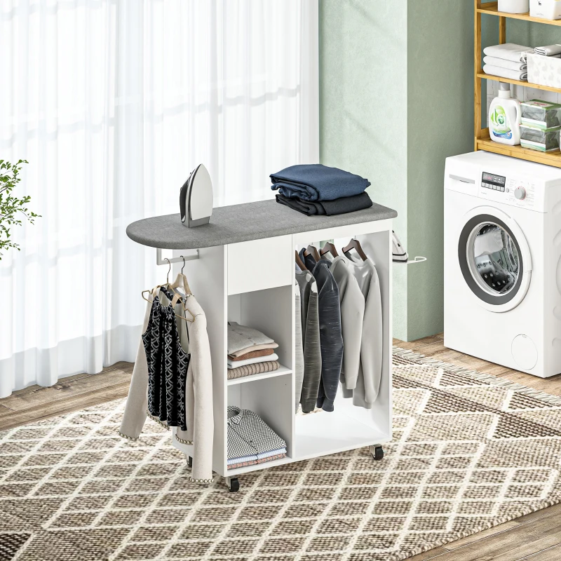 HOMCOM Mobile Asse da Stiro con Ruote e Porta Ferro, Barra per Abiti, Cassetto e Ripiani, 125x43.5x112cm, Bianco