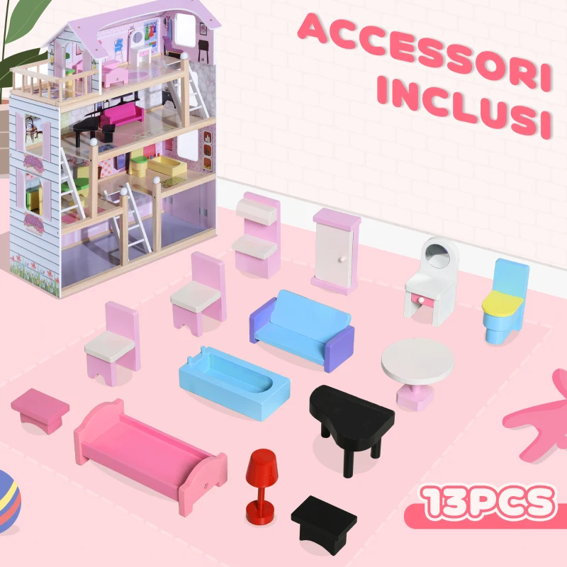 HOMCOM Casa delle Bambole per Bambini 3+ Anni in Legno di Pino e MDF a 4 Piani con 13 Accessori, Rosa, 60x30x80 cm