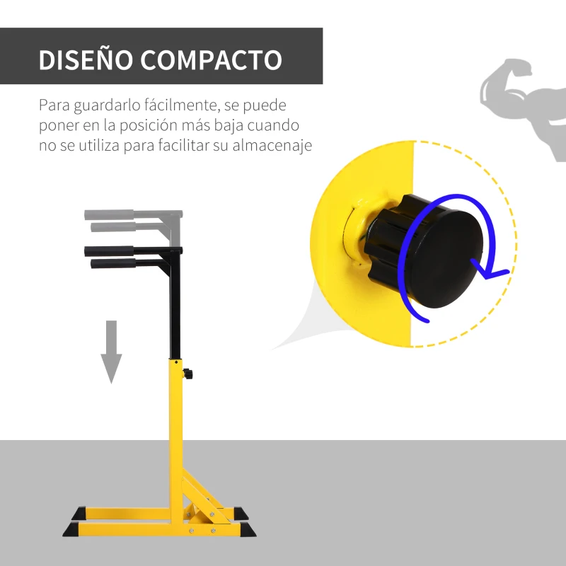 HOMCOM Estación Dip de Musculación Tipo Barras con Altura Ajustable Soporte para Entrenar Abdominales Espalda Peso Máximo de 100 kg 66x75x83-119 cm Amarillo
