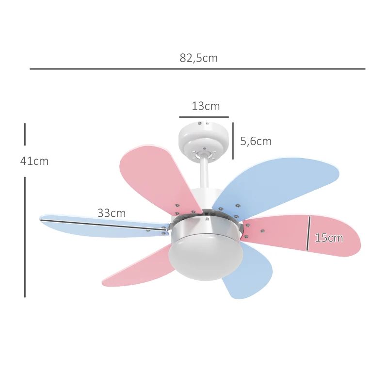 HOMCOM Ventilador de Techo con Luz 34W Ø82,5 cm Motor DC con 6 Aspas Reversibles Mando a Distancia y Temporizador Multicolor