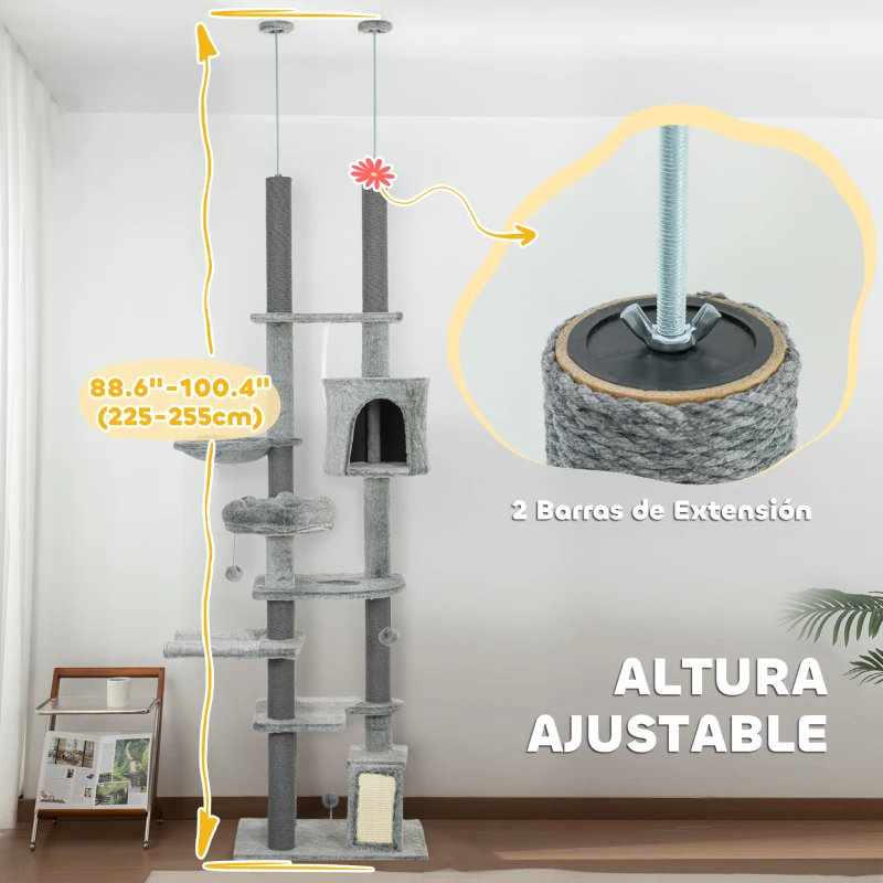PawHut Árbol para Gatos de Suelo a Techo de 225-255 cm con Altura Ajustable Plataformas Cueva Cama Hamaca Rampa Bolas Gris