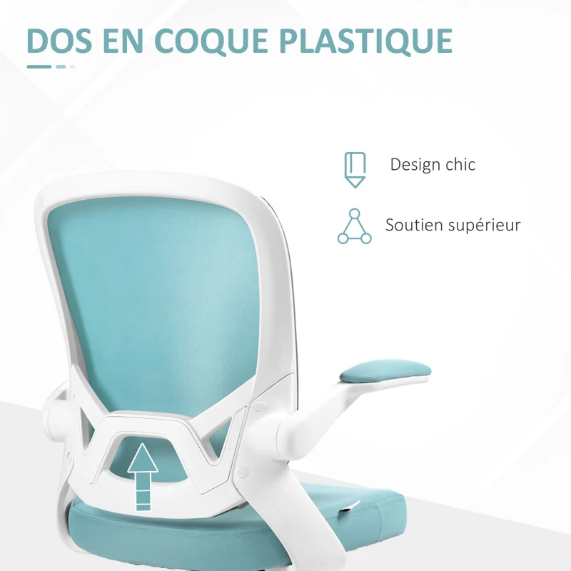 HOMCOM Fauteuil de bureau hauteur réglable pivotant 360° accoudoirs relevables dossier en maille et assise tissu bleu