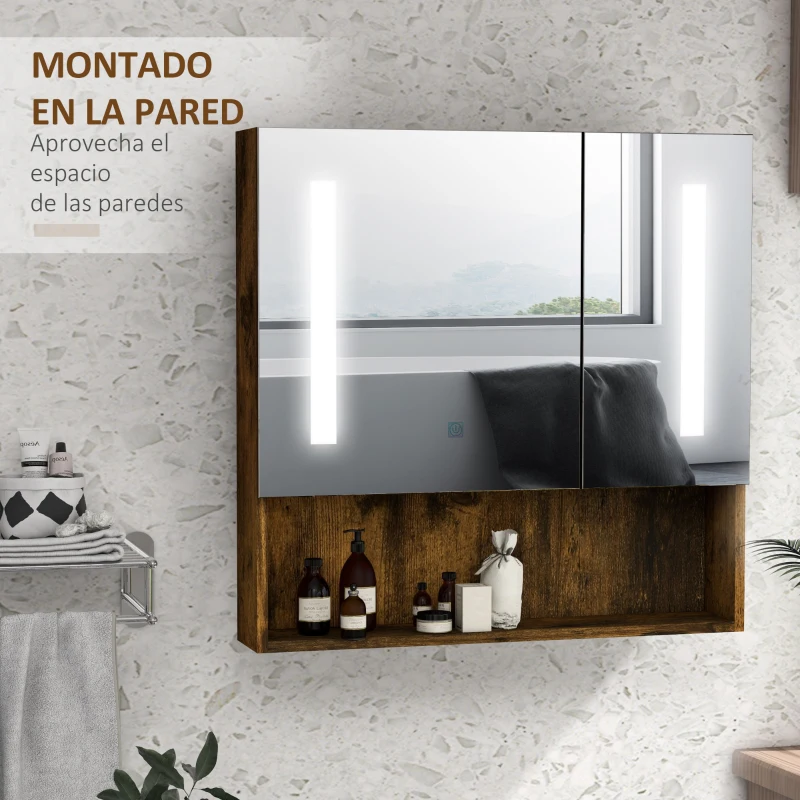 kleankin Mueble con Espejo de Pared con Estante Ajustable Interruptor Táctil y Color de Luz Ajustable 70x15x70 cm Marrón Rústico