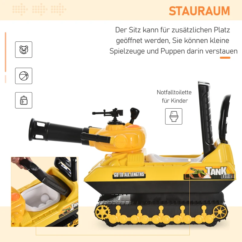 HOMCOM Sitzbagger für Kinder Spielzeugauto für 3 Jahre Kinder Rutscherauto Laufrad Panzer mit Stauraum Bälle Gelb+Schwarz, 68 x 24 x 41,5 cm