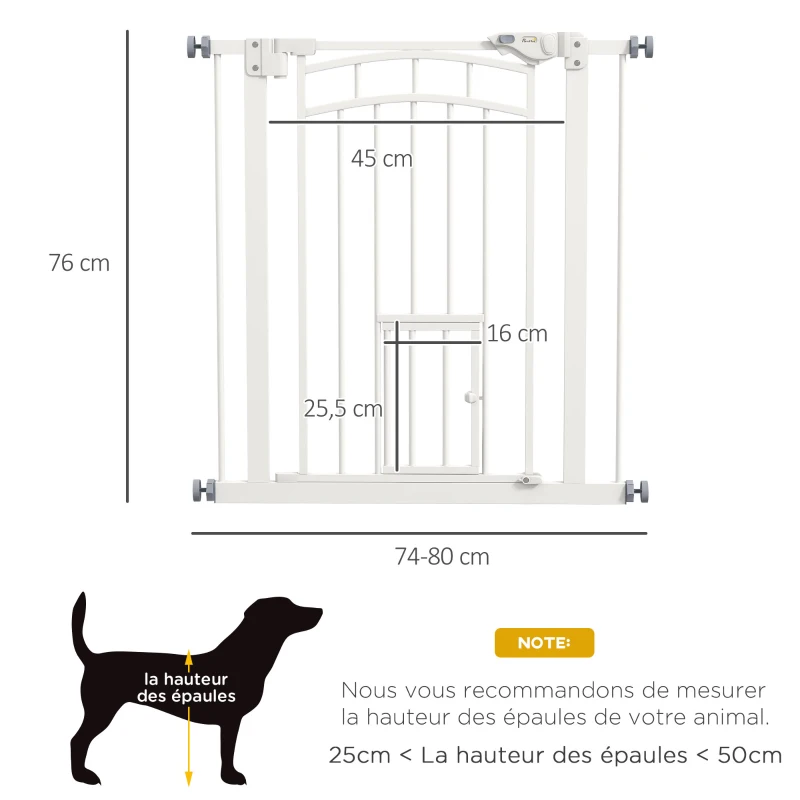 PawHut Barrière de sécurité animaux chien porte fermeture automatique sans perçage de 74 à 80 cm acier noir