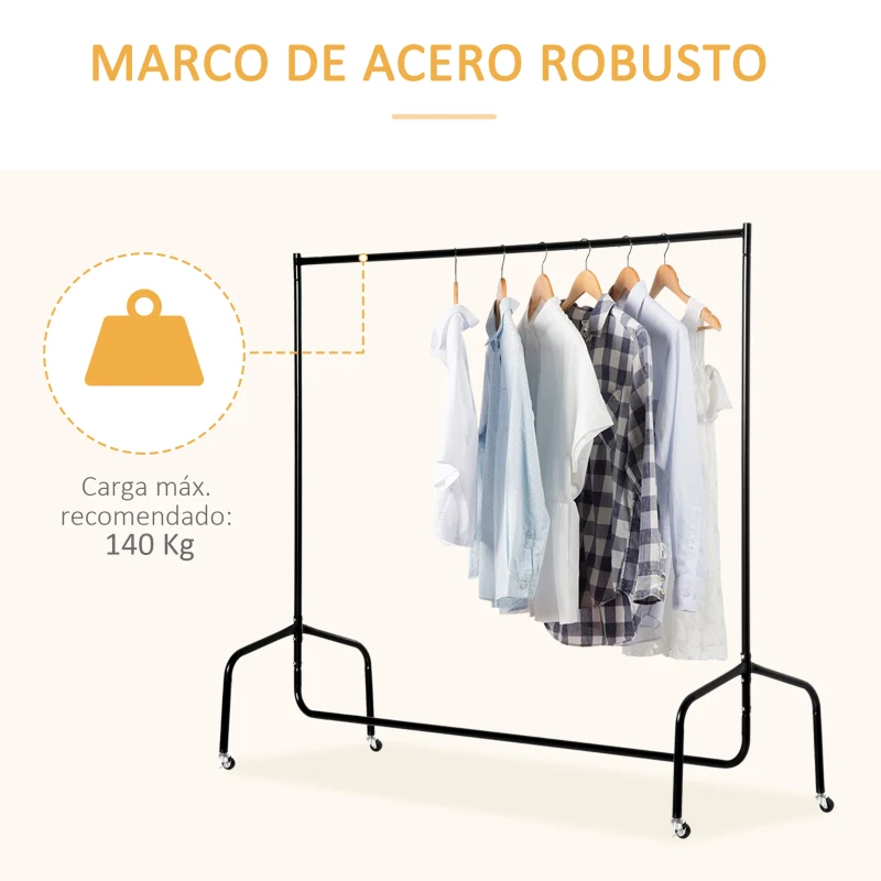HOMCOM Burro para Ropa con Ruedas Perchero Burro para Ropa Metálico para Entrada Pasillo Dormitorio 150x60x170 cm Negro