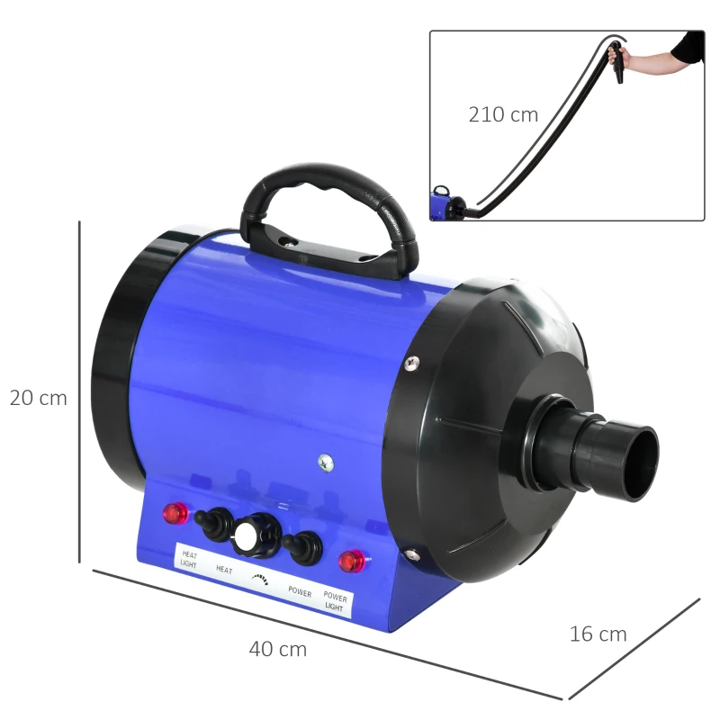 PawHut Séchoir professionnel sèche-poils toilettage pulseur sèche-cheveux pour chiens chats animaux 2800W vitesse et température réglable 3 buses interchangeables incluses bleu