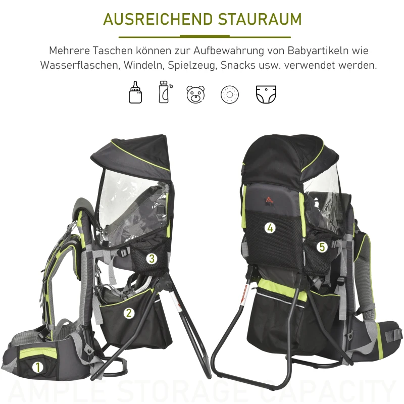 HOMCOM Kraxe Kindertrage für Reise Kinderrückentrage mit Sonnenschutz für 6-36 Monate Tragesitz bis 15 kg Aluminium Oxford Grün+Schwarz 38 x 77 x 87,5 cm