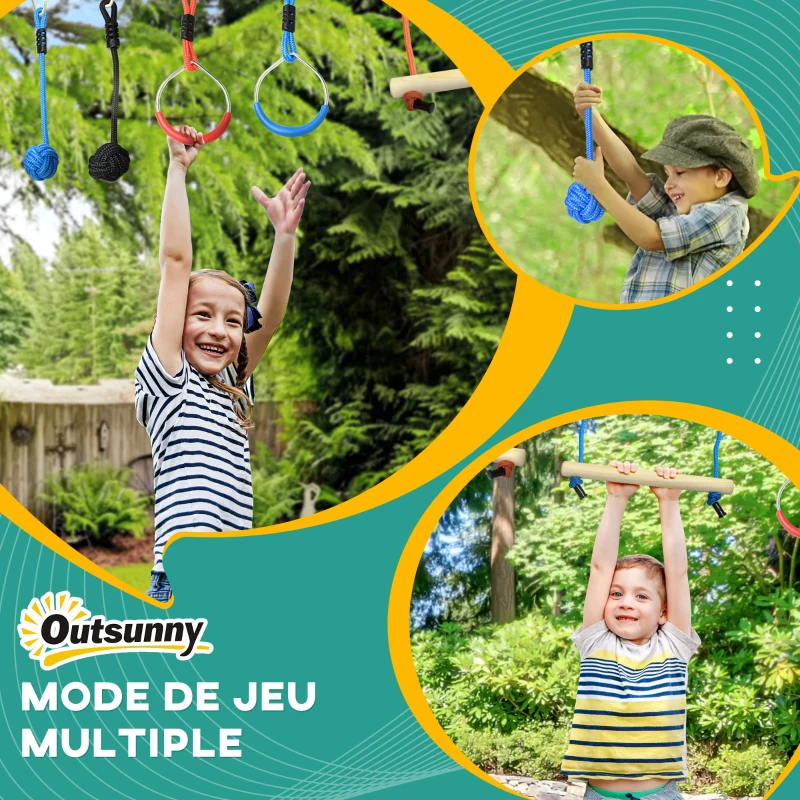 Outsunny Parcours d'obstacles ninja pour enfants 30 accessoires et sac de transport 10 m de slackline bleu noir rouge