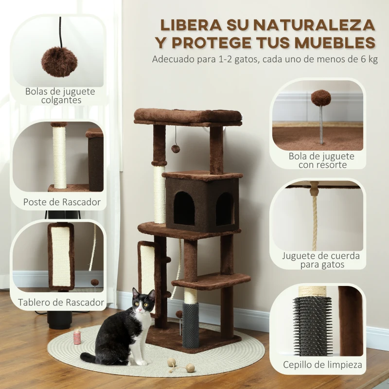 PawHut Árbol Rascador para Gatos 132 cm con Plataformas Poste con Cepillo Bolas Colgantes y Almohadilla para Rascar Marrón