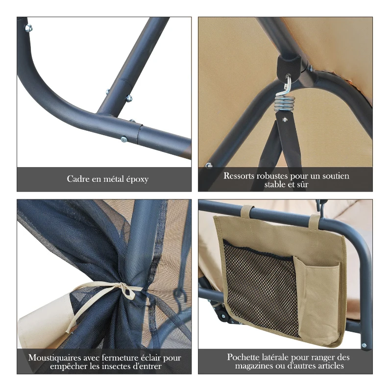 Outsunny Balancelle de Jardin Convertible 3 Places Grand Confort : Matelas Assise Dossier, moustiquaire intégrale zippée avec Toit, Pochette Rangement métal époxy Polyester Beige