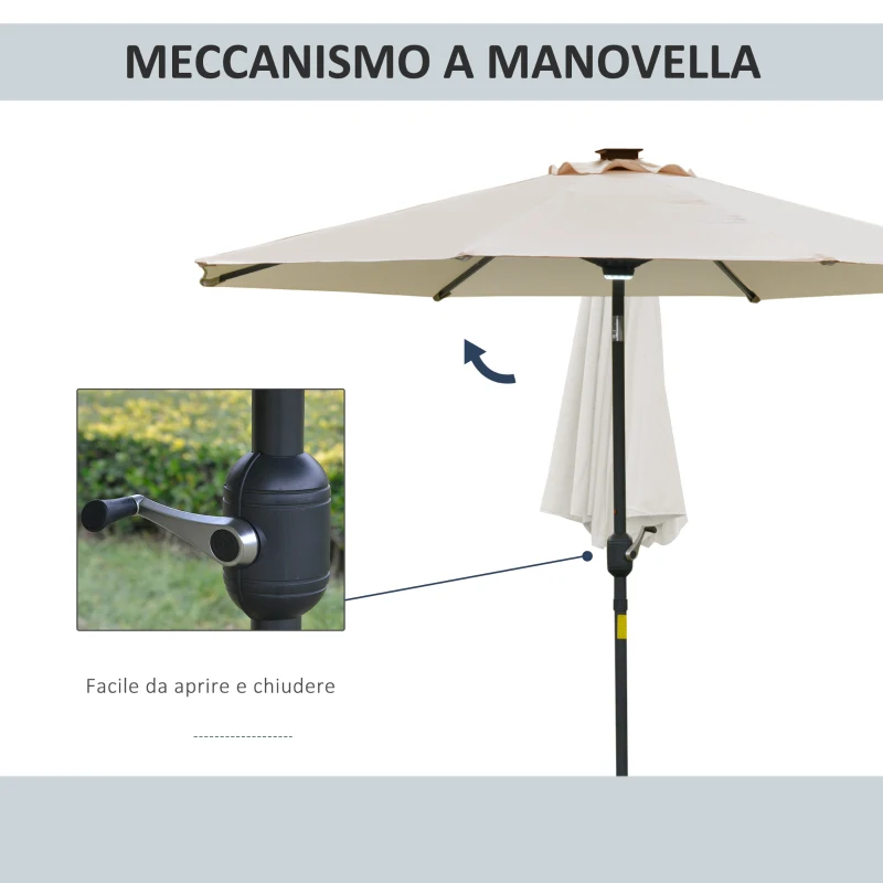 Outsunny Ombrellone da Giardino Φ270 x 245Acm con Apertura a Manovella e Inclinabile, Luci LED e Pannello Solare, Crema Bianco