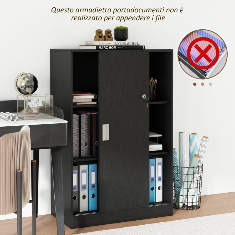 HOMCOM Armadietto da Ufficio a 3 Ripiani con 2 Chiavi di Sicurezza e Ante Scorrevoli, 80x40x120 cm, Nero